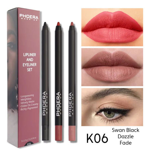 Kit Olhos e Lábios- 3 Lápis Intransferíveis + Delineador Gatinho + Máscara Volume 9D
