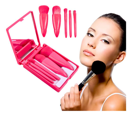 Kit De 5 Mini Pincéis De Maquiagem E Case Com Espelho