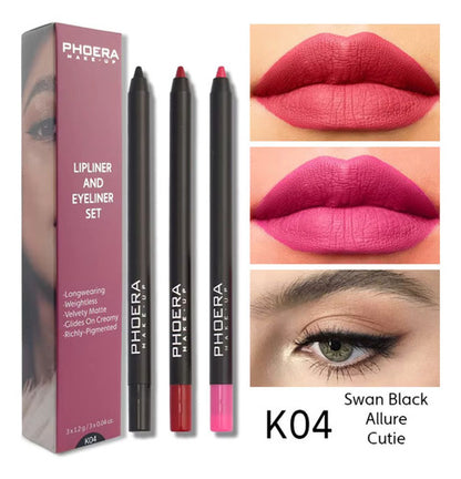 Kit Olhos e Lábios- 3 Lápis Intransferíveis + Delineador Gatinho + Máscara Volume 9D