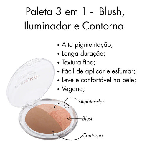 Paleta 3 em 1  Iluminador, Blush E Contorno Phoera