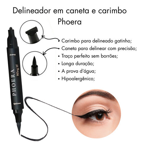 Combo Máscara De Cílios 9d + Delineador Com Carimbo Phoera