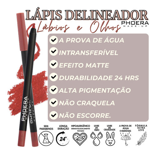 Kit 3 Lápis Olhos e Boca Matte A Prova D'Água 24hrs Phoera