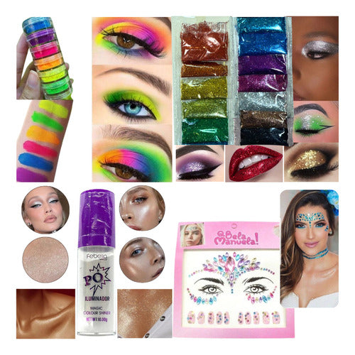 Kit 15 Und Maquiagem Make Carnaval Neon Glitter Glow Pedaria