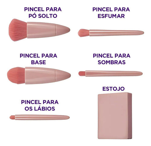 Kit De 5 Mini Pincéis De Maquiagem E Case Com Espelho