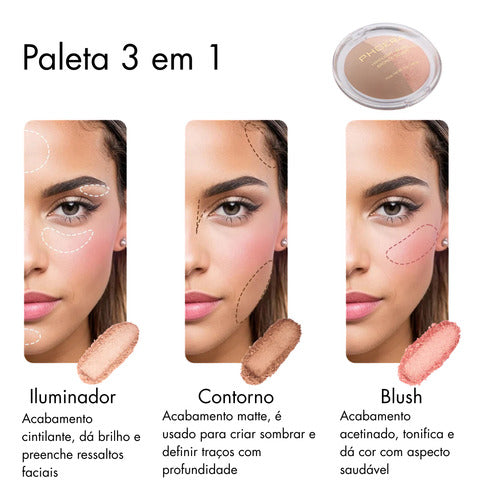 Paleta 3 em 1  Iluminador, Blush E Contorno Phoera