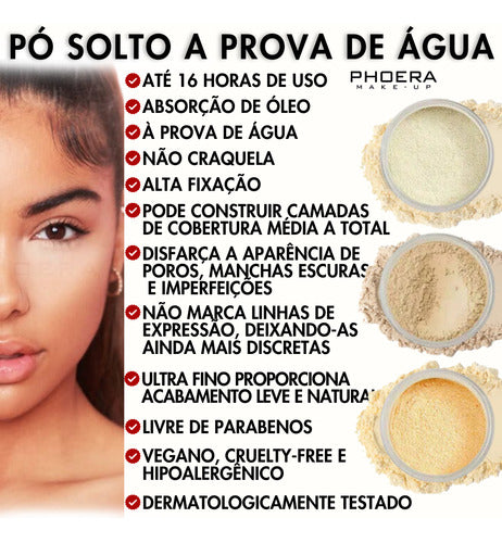 Base Natural Look 24h A Prova De Água + Pó Solto Leve Phoera