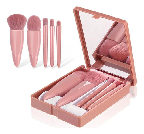 Kit De 5 Mini Pincéis De Maquiagem E Case Com Espelho