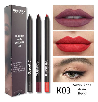Kit Olhos e Lábios- 3 Lápis Intransferíveis + Delineador Gatinho + Máscara Volume 9D