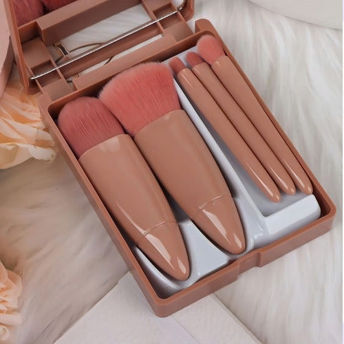 Kit De Pincéis De Maquiagem Flatshop Rosa Pálido 5 Peças Com Nécessaire E Espelho