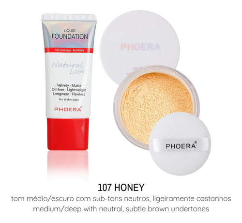 Base Natural Look 24h A Prova De Água + Pó Solto Leve Phoera
