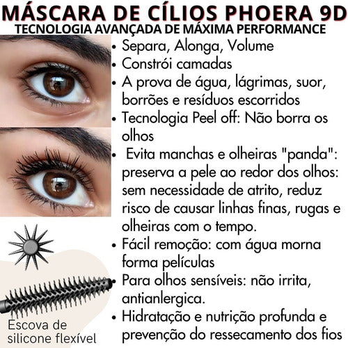 Máscara De Cílios Phoera 9dimensões Tecnologia Revolucionária Alonga Curva Define Dá Volume A Prova De Água Phoera Hipoa