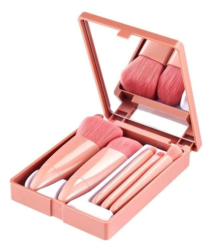 Kit De Pincéis De Maquiagem Flatshop Rosa Pálido 5 Peças Com Nécessaire E Espelho