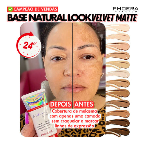 Base Natural Look 24h A Prova De Água + Pó Solto Leve Phoera