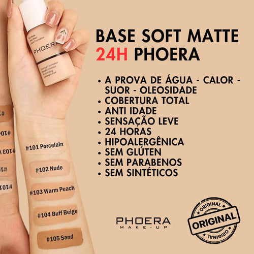 Kit 3un Base Soft Matte 24h +pó Prova D'agua +esponja Phoera