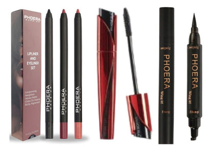 Kit Olhos e Lábios- 3 Lápis Intransferíveis + Delineador Gatinho + Máscara Volume 9D