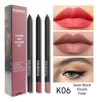 Kit Olhos e Lábios- 3 Lápis Intransferíveis + Delineador Gatinho + Máscara Volume 9D
