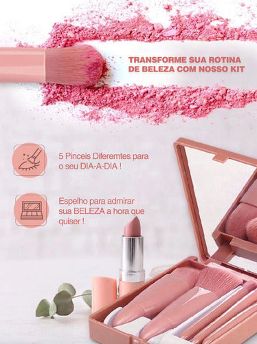 Kit De 5 Mini Pincéis De Maquiagem E Case Com Espelho