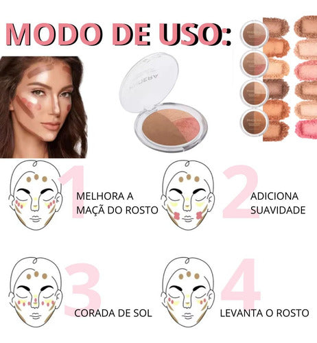 Paleta 3 em 1  Iluminador, Blush E Contorno Phoera