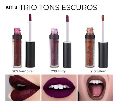 Kit 3 Batom Velvet Matte 24h Prova D'água Intransferível
