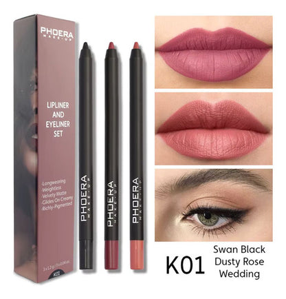 Kit Olhos e Lábios- 3 Lápis Intransferíveis + Delineador Gatinho + Máscara Volume 9D