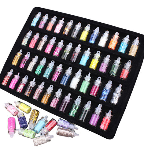 48 Frascos Decoração Unhas Pérola Lantejoula Strass Glitter