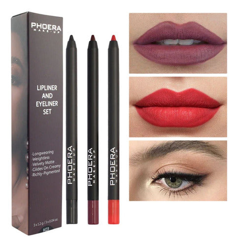 Kit 3 Lápis Olhos e Boca Matte A Prova D'Água 24hrs Phoera