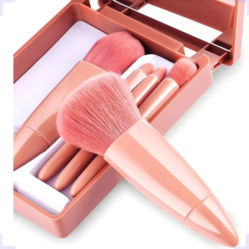 Kit De Pincéis De Maquiagem Flatshop Rosa Pálido 5 Peças Com Nécessaire E Espelho