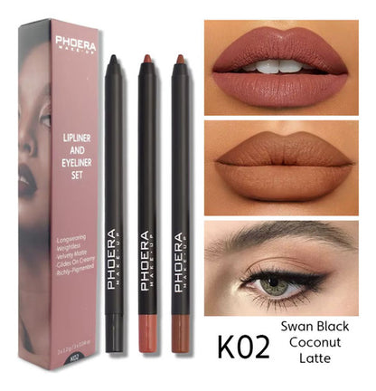 Kit Olhos e Lábios- 3 Lápis Intransferíveis + Delineador Gatinho + Máscara Volume 9D