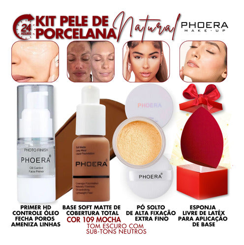 Kit Maquiagem 4un Primer Base Pó Prova Dagua 24hrs + Brinde