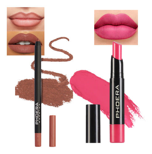Kit Lábios Batom Ultra Matte 24h + Lápis Labios E Olhos Phoera
