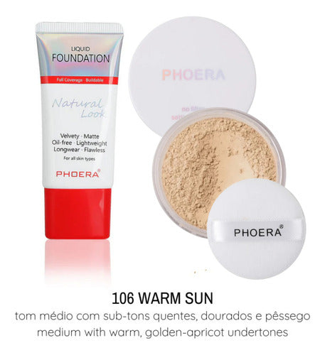 Base Natural Look 24h A Prova De Água + Pó Solto Leve Phoera