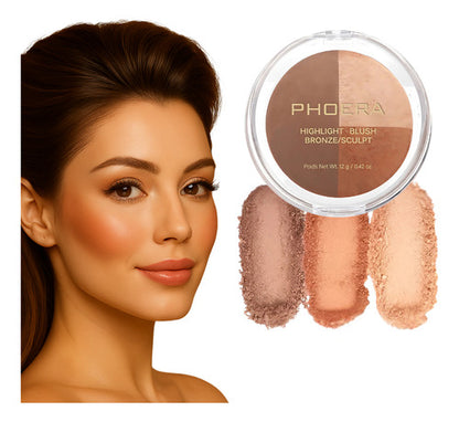 Paleta 3 em 1  Iluminador, Blush E Contorno Phoera