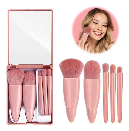 Kit De 5 Mini Pincéis De Maquiagem E Case Com Espelho