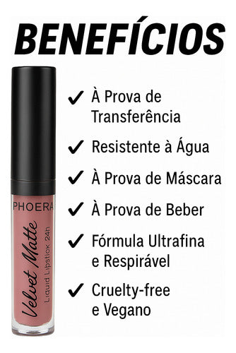 Batom Velvet Matte 24h A Prova De Água Intransferível Phoera