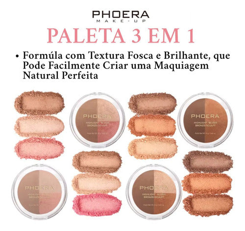 Paleta 3 em 1  Iluminador, Blush E Contorno Phoera
