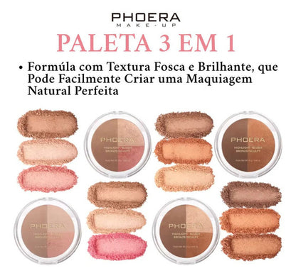Paleta 3 em 1  Iluminador, Blush E Contorno Phoera