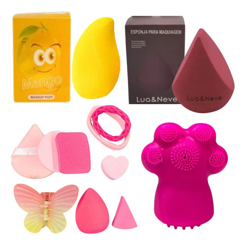Kit 12 Esponjas Makeup/ Limpeza Facial + Presilha E Elástico