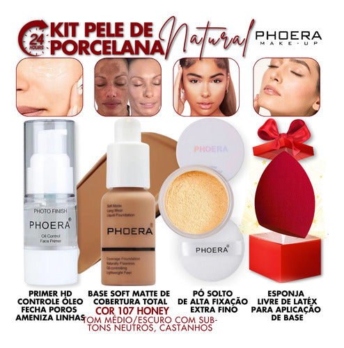 Kit Maquiagem 4un Primer Base Pó Prova Dagua 24hrs + Brinde