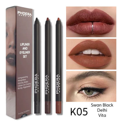 Kit Olhos e Lábios- 3 Lápis Intransferíveis + Delineador Gatinho + Máscara Volume 9D